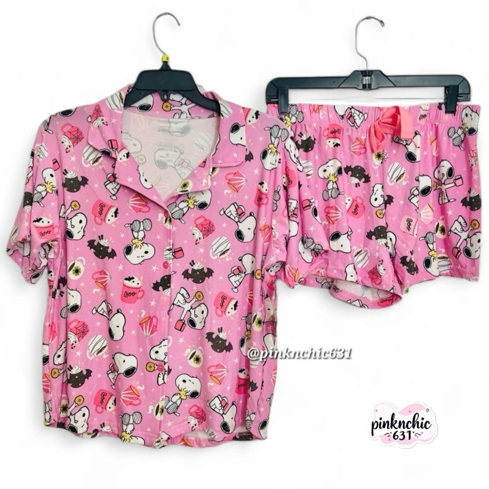 Peanuts Snoopy Pink Halloween Coffee Bat Mug Matching Pajama Set Shirt  Shorts